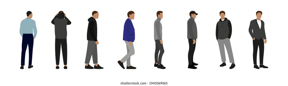Set of eight different male characters on a white background