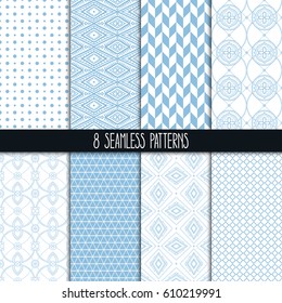 set of eight different ornamental blue patterns. Ethnic floral and geometric ornaments