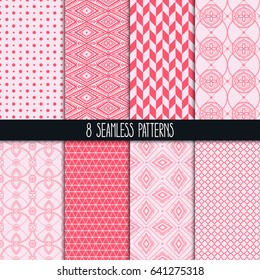 set of eight different ornamental pink patterns. Ethnic floral and geometric ornaments
