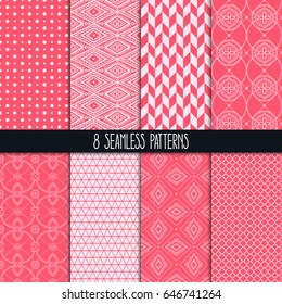set of eight different ornamental pink patterns. Ethnic floral and geometric ornaments