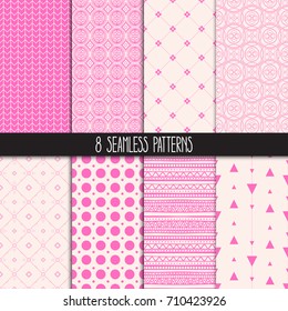 set of eight different ornamental pink patterns. Ethnic floral and geometric ornaments