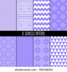 set of eight different ornamental purple patterns. Ethnic floral and geometric ornaments