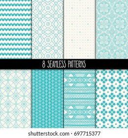 set of eight different ornamental turquoise and white patterns. Ethnic floral and geometric ornaments