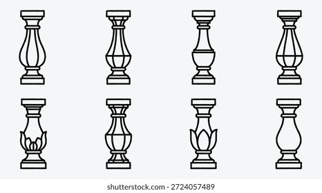 Set of eight different ornate vase line art illustrations