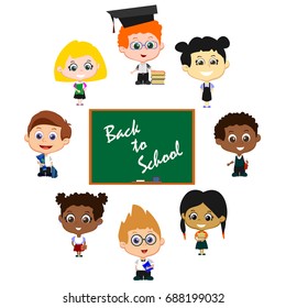 Set of eight different pupils isolated on white background with blackboard