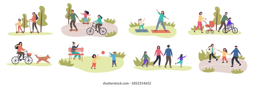 Set of eight different spring family activities with children and parents, riding bicycles, using scooters, exercising, walking in park, walking dog playing in groups, flat cartoon vector illustration