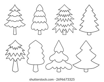Set of eight different  tree outlines, each with a unique silhouette. Black contour vector, simple fir tree shapes for coloring, crafts, festive design, stickers, and kids.