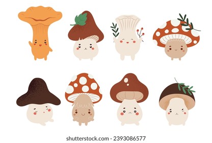 Set with eight different type mushroom creatures in cute kawaii design, hand drawn vector illustration isolated on white background