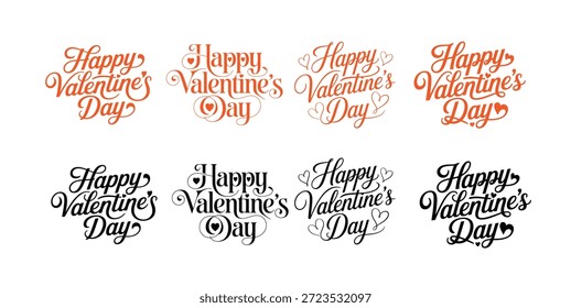 A set of eight different typographic designs and illustrations for Happy Valentine's Day in various colors and styles on white background