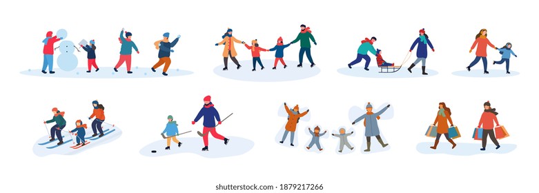 Set of eight different vector family activities in winter with parents and young children making a snowman, skiing, skating, tobogganing, playing ice hockey, celebrating in the snow and shopping