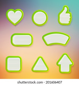 Set of eight differently shaped green glossy vector buttons, color layer is separate and easy to edit