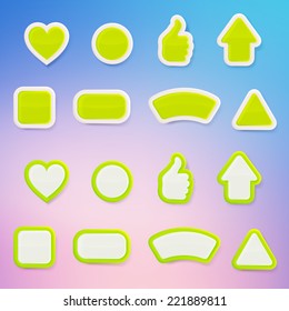 Set of eight differently shaped green glossy vector buttons, each presented in two color versions, color layer is separate and easy to edit