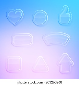 Set of eight differently shaped transparent glossy glass vector buttons