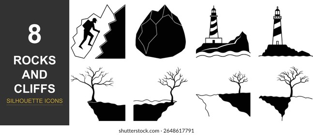 A set of eight distinct graphic icons depicting various rocky landscapes, including a climber, a large rock formation, lighthouses on cliffs, and trees on cliff edges, all in silhouette style.