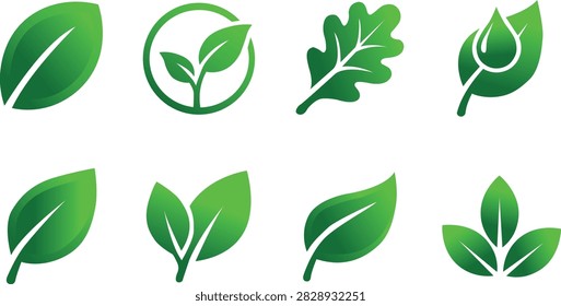 A set of eight distinct green leaf icons, symbolizing nature, growth, and environmental consciousness.
