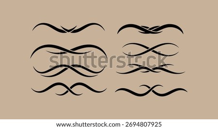 A set of eight distinct, hand-drawn black decorative flourishes and ornamental dividers arranged in two columns on a plain beige background.