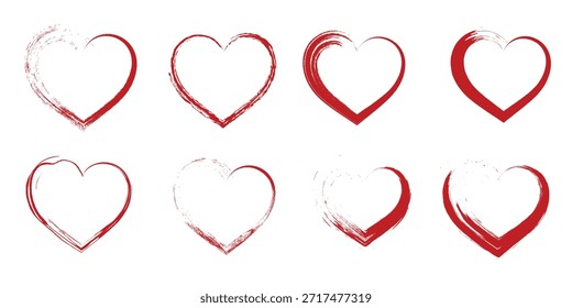 Un conjunto de ocho Formas de corazón rojo distintas renderizadas con un efecto de trazo de pincel, aisladas sobre un fondo blanco.