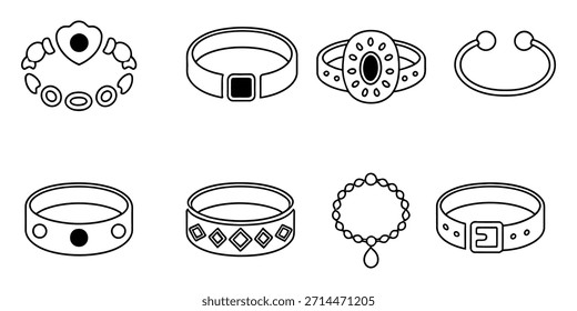 Um conjunto de oito desenhos de anéis distintos com diferentes padrões, formas e enfeites, mostrando uma gama de estilos de joias