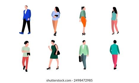 Set of eight diverse people characters. Various poses, trendy clothes, and different hairstyles. Flat cartoon vector illustration.