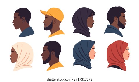 Set of eight diverse side profile headshot illustrations representing people of different ethnicities and styles in flat colors.