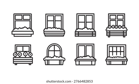 Set of eight diverse window box designs featuring blooming flowers presented as clean vector line art