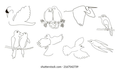 Set of eight drawings of birds in the style of one line. Vector illustration isolated on a white background