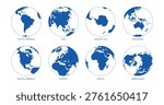 Set of Eight Earth Globe Icons Showing Different Continents: North and South America, Europe, Asia, Africa, Australia, Antarctica, and Greenland. Blue and White Minimalist Vector World Map Graphics