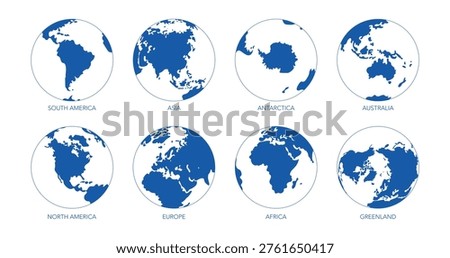 Set of Eight Earth Globe Icons Showing Different Continents: North and South America, Europe, Asia, Africa, Australia, Antarctica, and Greenland. Blue and White Minimalist Vector World Map Graphics