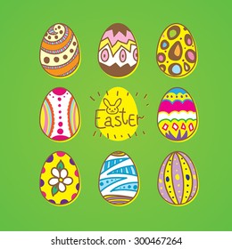 Set of eight easter eggs illustrations with bunny drawing