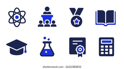Conjunto de Oito Ícones de Educação Átomo, Palestra, Medalha, Livro, Boné de Graduação, Frasco, Certificado,