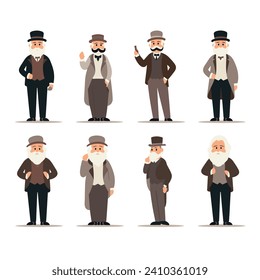 Set of eight elderly men with beards, wearing vintage clothes and hats. Older gentlemen depicted in various poses and expressions vector illustration.