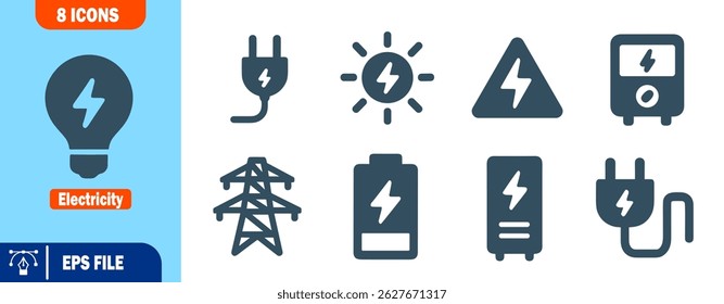 Set of Eight Electricity Icons Power, Energy, Plug, Battery, and More
