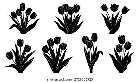 Set von acht eleganten schwarzen Silhouetten von Tulpenblumensträußen in verschiedenen Arrangements und Größen auf weißem Hintergrund.