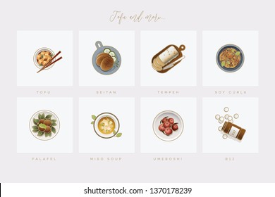 Set of eight elegant colorful icons depicting vegan diet food servings in flat lay setting