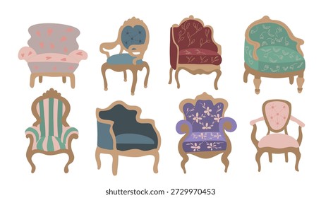Um conjunto de oito elegantes poltronas estilo Império em design vetorial plano limpo. Apresenta silhuetas clássicas com ornamentos característicos. Perfeito para modelos de design de interiores, visualização arquitetônica