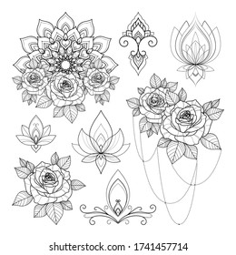 Set of eight ethnic ornaments and mandalas with roses for Henna drawing and tattoo template. Ethnic tattoo. Vector illustration