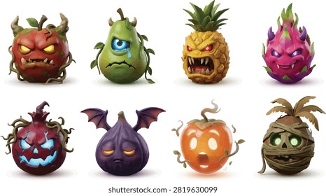 Set of eight fantasy fruit monster icons including evil apple cyclops pear angry pineapple dragon fruit bat fig and coconut mummy on white background