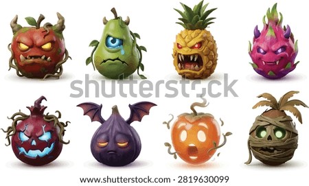 Set of eight fantasy fruit monster icons including evil apple cyclops pear angry pineapple dragon fruit bat fig and coconut mummy on white background