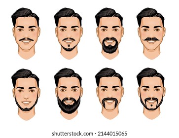 Set of eight fashionable mustache styles for man, vector image, eps10