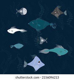 Set of eight fish and algae. On a blue background. for menu design, restaurant design, postcard background, and for textiles