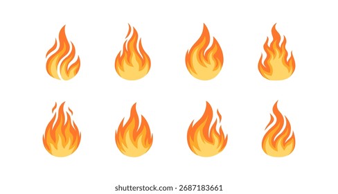 Satz von acht flachen Flammensymbolen auf weißem Hintergrund