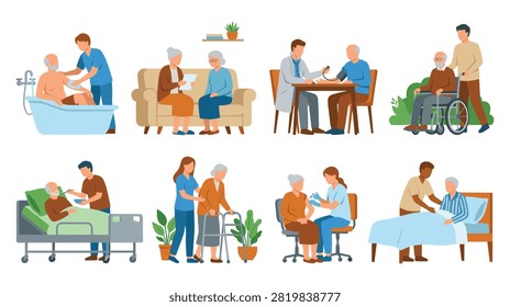 Set of eight flat icons illustrating various aspects of senior care services in nursing home, including bathing, doctor visits, and daily assistance.