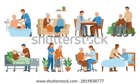 Set of eight flat icons illustrating various aspects of senior care services in nursing home, including bathing, doctor visits, and daily assistance.