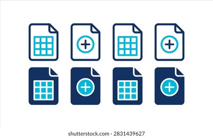 A set of eight flat vector icons representing document files with grid patterns and add symbols in various color combinations of dark blue and teal