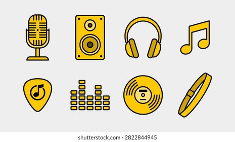 A set of eight flat yellow music and audio icons including a microphone, speaker, headphones, music note, guitar pick, equalizer, vinyl, and wristband.