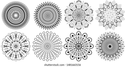 Set of eight floral mandala template vector illustration for wallpapers, web page background, business card, house decoration, floor tiles, linoleum, textile.  Ethnic oriental mandalas collection.