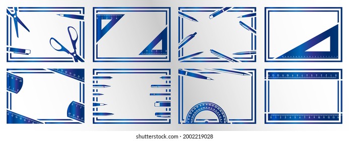 A set of eight frames on a school theme. Isolate the frames of the iron color. Rulers, pens, scissors, etc. Vector illustration.