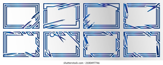 A set of eight frames on a school theme. Isolated frames of iron color. Vector illustration.