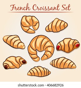 Set of eight French croissants. Illustration in cartoon style. Free font used. 