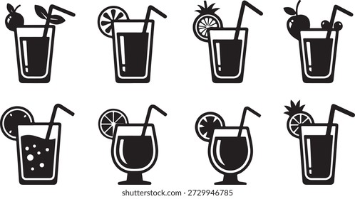 Set of Eight Fresh Fruit Smoothie Drinks with Straws and Garnishes fruit drink glass tumbler